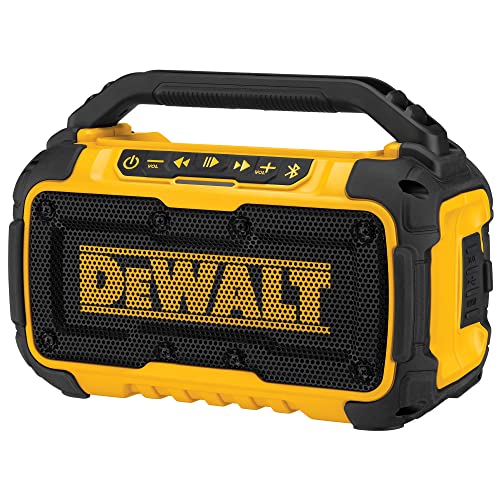 DEWALT 20V MAX Bluetooth Speaker, 100 ft Range, Durable for Jobsites, Phone Holder Included, Lasts 8-10 Hours with Single Charge (DCR010)