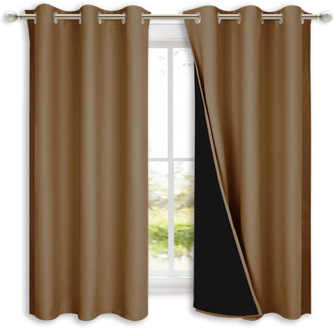 NICETOWN 100% Blackout Short Curtains with Black Liners, 2 Panels, 37" W by 40" L, Gold Brown, Solid Thermal Insulated Full Blackout 2-Layer Lined Drapes, Energy Efficiency Window Drapes for Bedroom