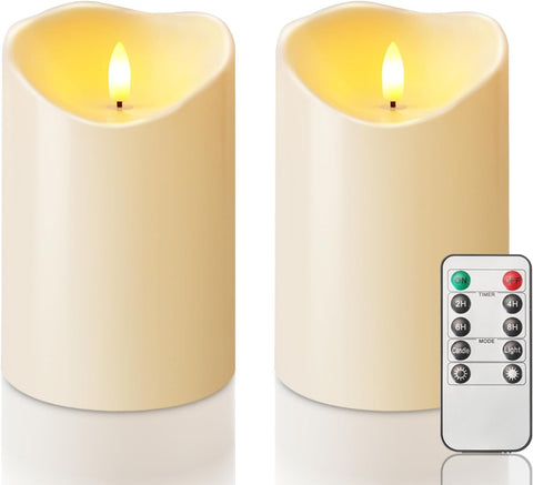 Homemory 4"x6" Outdoor Waterproof Flameless Candles with Timers and Remote Control, Battery Operated Candles, LED Plastic Candles, Dark Ivory, Set of 2