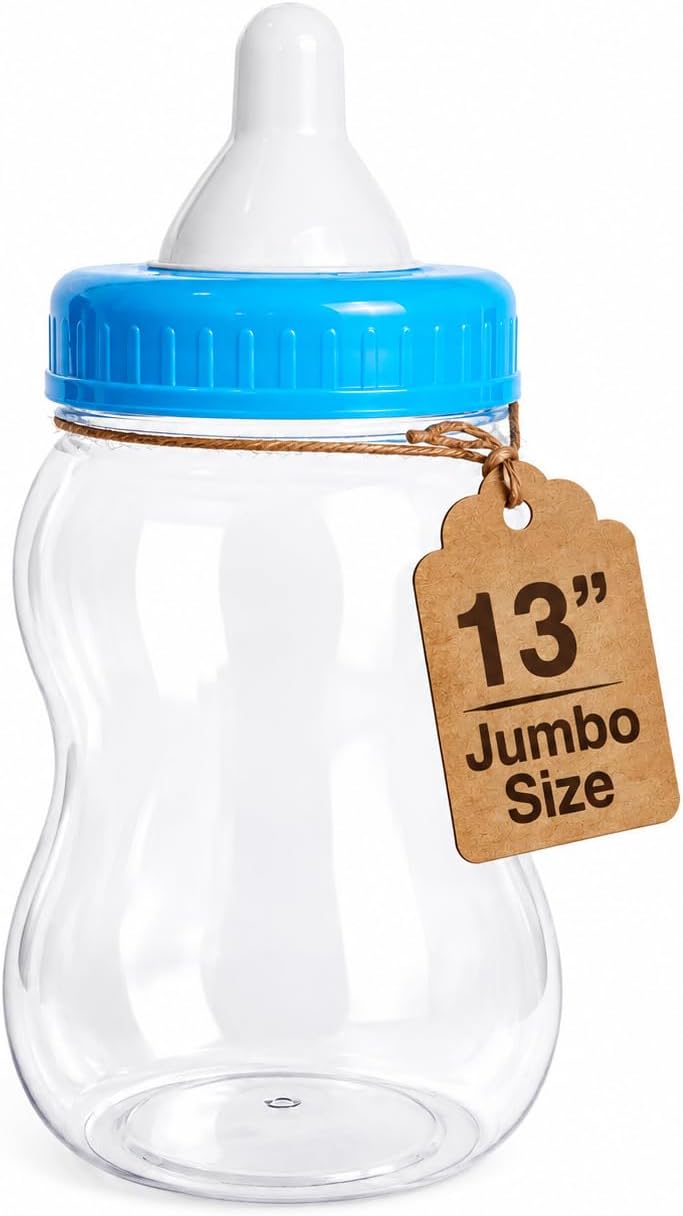Evershine Plastic Baby Bottle Bank, 13" Blue Fillable Baby Shower Bank, Plastic Jumbo Baby Favor Bottle Centerpiece