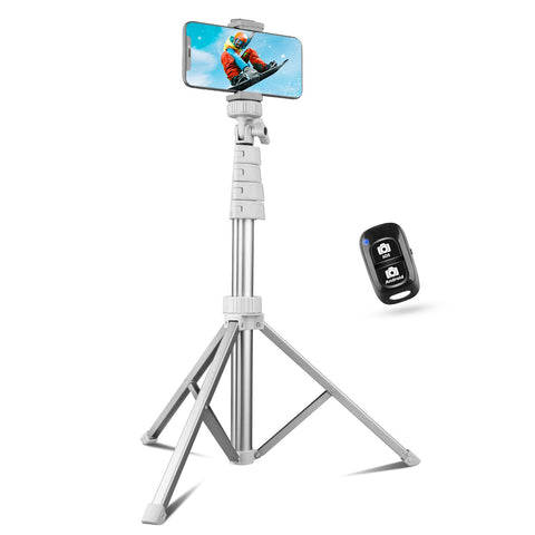 Sensyne 67" Phone Tripod & Selfie Stick, Extendable Cell Phone Tripod Stand with Wireless Remote and Phone Holder, Compatible with iPhone Android Phone, Camera (Silver)