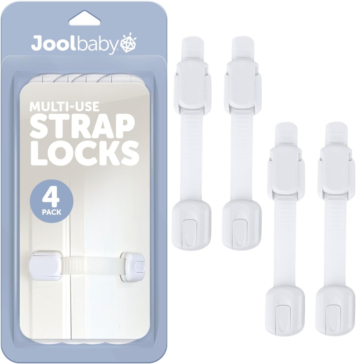 Jool Baby Child Safety Strap Locks (4 Pack) Baby Proof Cabinets, Drawers, Fridge, Toilet & Trash Cans – 3M Adhesive Childproof Locks