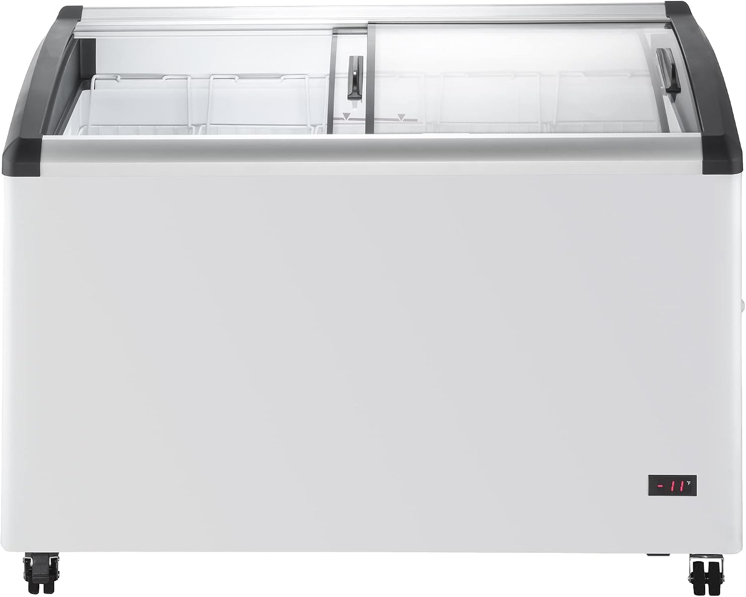 Duura Commercial Mobile Ice Cream Display Chest Freezer Sub Zero Temp Curved Glass Top Frost Free Lid with 5 Wire Baskets, 47.4 Inch Wide 12.8 Cubic Feet, White