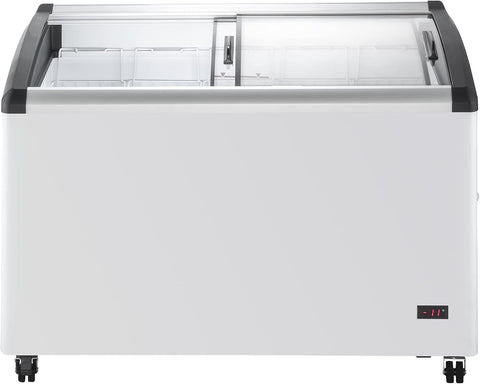Duura Commercial Mobile Ice Cream Display Chest Freezer Sub Zero Temp Curved Glass Top Frost Free Lid with 5 Wire Baskets, 47.4 Inch Wide 12.8 Cubic Feet, White