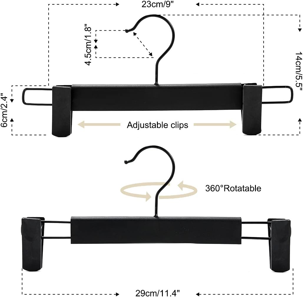 GUANJUNE 10 Pack Clothes Pants Hangers, Space-Saving Skirt Holders with 360 ° Swivel Hooks, Adjustable Clips, Trouser Coat Garment Jeans Black
