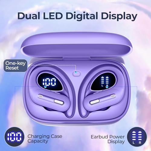 Wireless Earbuds V5.3 Bluetooth Headphones 90 Hrs Playtime Earbuds with Wireless Charging Case Power Display Over-ear Earphones with Earhooks Waterproof Stereo Headset for Android phone Workout Purple