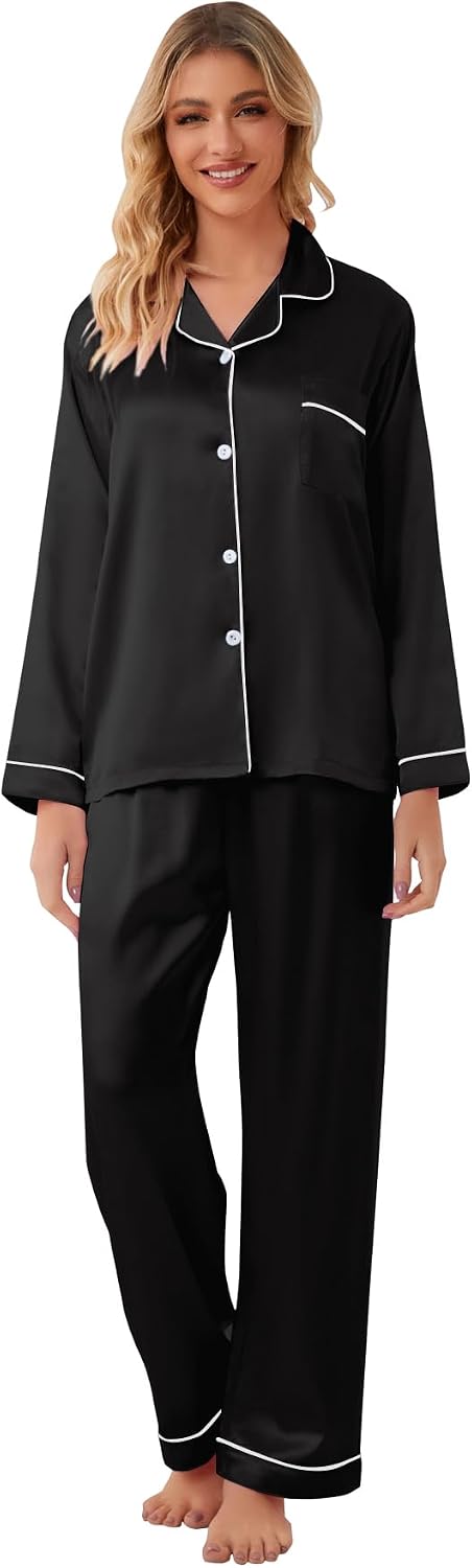Schbbbta Girls & Women Pajamas Set, 2 Piece Satin Silky Pjs Button-Down Kids Sleepwear, 3 Years - XX-Large