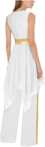 Women Praise Dance Outfit Metallic Block Asymmetric Overlay Dress + Pants Worship Liturgical Lyrical Costume