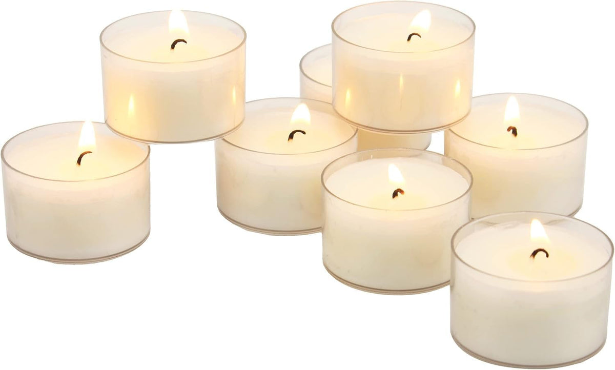 Stonebriar Tea Light Candles — 6 to 7 Hour Burn Time, Unscented Long-Lasting Clear Cup Candles for Home Décor & Special Occasions, Pack of 24, White