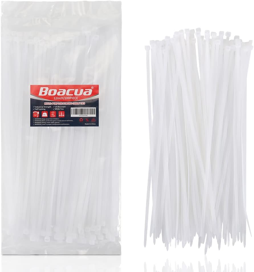 White Zip Ties Heavy Duty 12 inch,100 Pack,50LB, Cable Ties, Clear Zipties