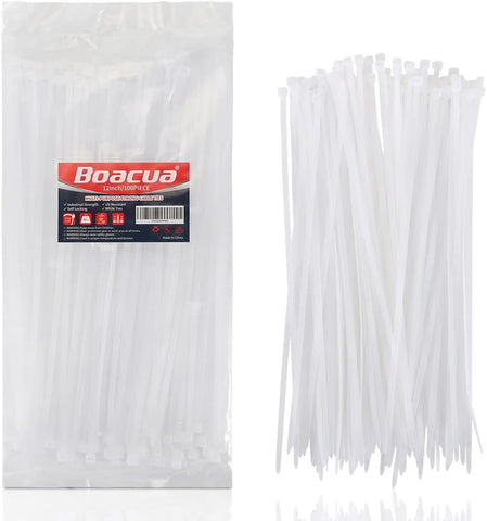 White Zip Ties Heavy Duty 12 inch,100 Pack,50LB, Cable Ties, Clear Zipties