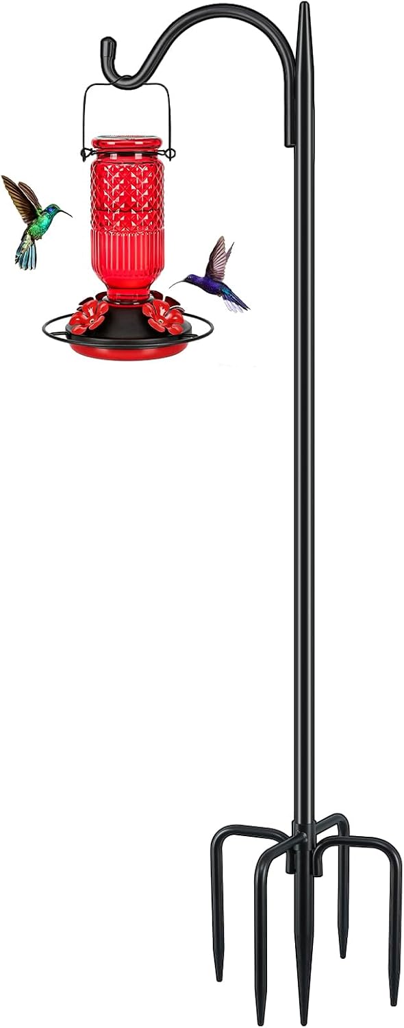 FEED GARDEN Short Shepherds Hooks for Outdoor, 48 Inch Bird Feeder Pole with 5 Prongs Base, Heavy Duty Shepherds Hook Garden Hook for Hummingbird Feeder, Hanging Lantern, Plant Baskets,1 Pack