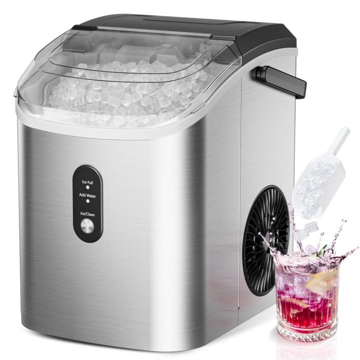 EUHOMY Nugget Ice Maker Countertop with Handle, Ready in 6 Mins, 34lbs/24H, Removable Top Cover, Auto-Cleaning, Portable Sonic Ice Maker with Basket and Scoop, for Home/Party/RV/Camping. (Silver)