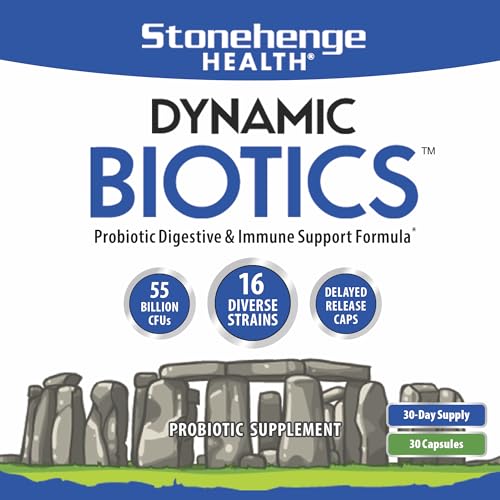 Stonehenge Health Probiotics 55 Billion CFU - 16 Strains, Prebiotic, Synbiotics Dynamic Biotics - Lactobacillus Acidophilus, Delayed Release, Shelf Stable, Non-GMO Gluten Free Veggie Capsule