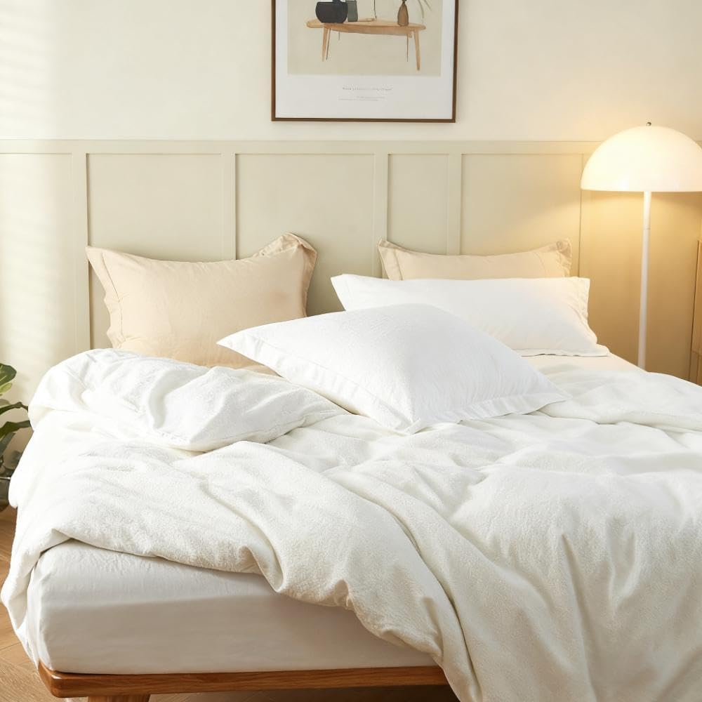 Simple&Opulence French Linen Duvet Cover Set 88" x 92"- 3 Pieces (1 Comforter Cover,2 Pillowcases)- Natural Flax Cotton Blend-Solid Color Breathable Farmhouse Bedding-Off White, Queen
