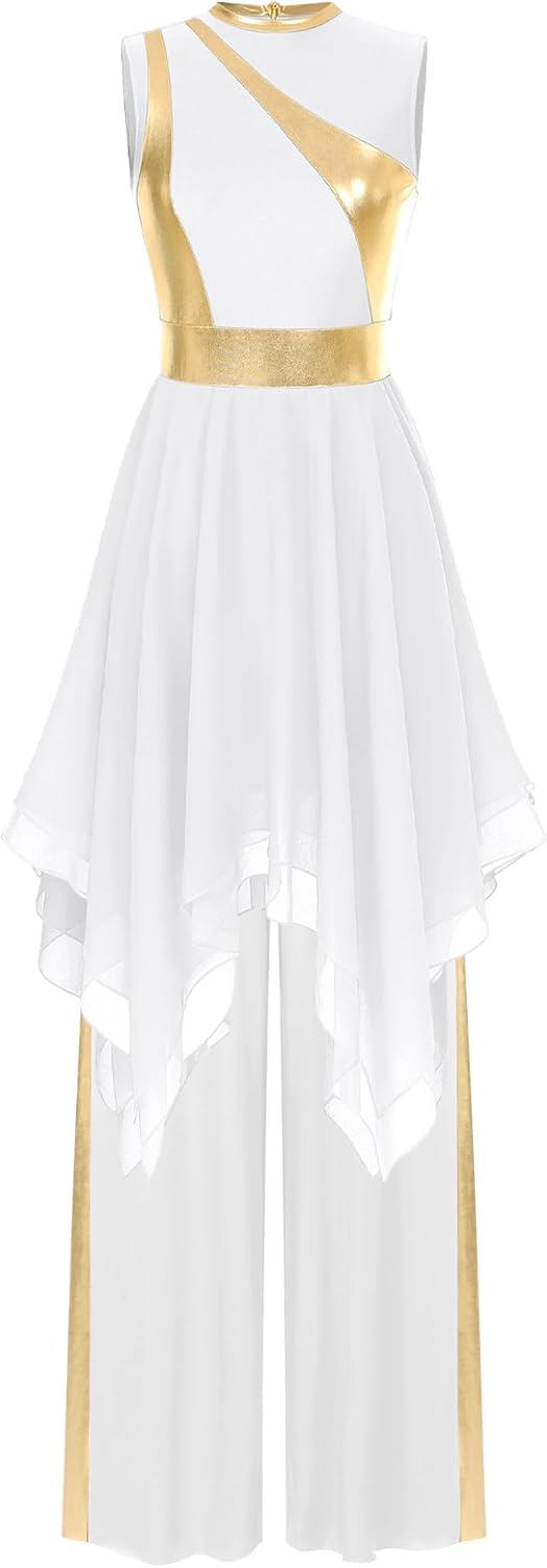 Women Praise Dance Outfit Metallic Block Asymmetric Overlay Dress + Pants Worship Liturgical Lyrical Costume