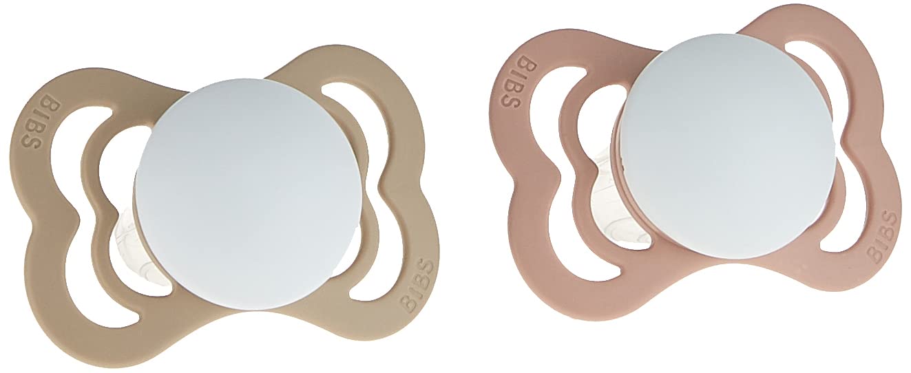 BIBS Supreme Baby Pacifier 2-Pack | Made in Denmark | BPA Free Dummy Soother, Symmetrical Nipple. Silicone, Size 1 (0-6 Months), Blush Glow/Vanilla Glow