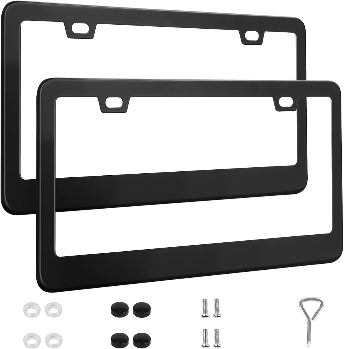 QUANQIUFEI 2 Pack License Plate Frames, Stainless Steel Car License Plate Cover Car Accessories with Screw Caps (Black)