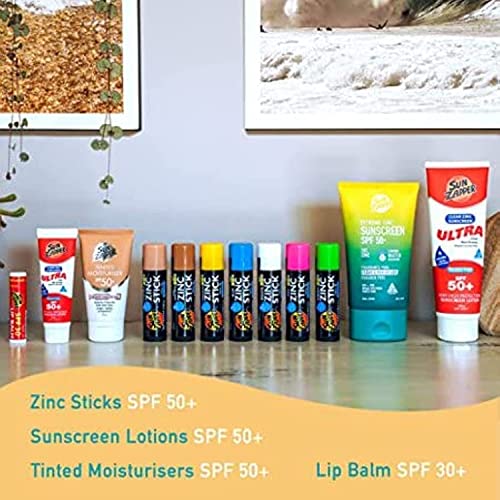 Sun Zapper Zinc Oxide Mineral Sunscreen Stick (Pink, Blue, Green, Yellow) SPF 50+ Water Resistant for Face & Body, Adults, Kids, 4-Pack Broad Spectrum Sun Block, Made in Australia