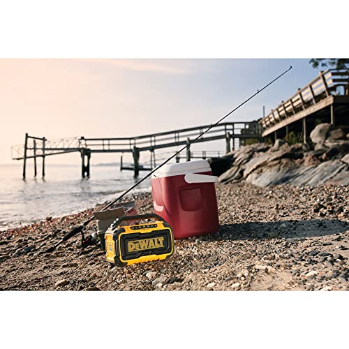 DEWALT 20V MAX Bluetooth Speaker, 100 ft Range, Durable for Jobsites, Phone Holder Included, Lasts 8-10 Hours with Single Charge (DCR010)