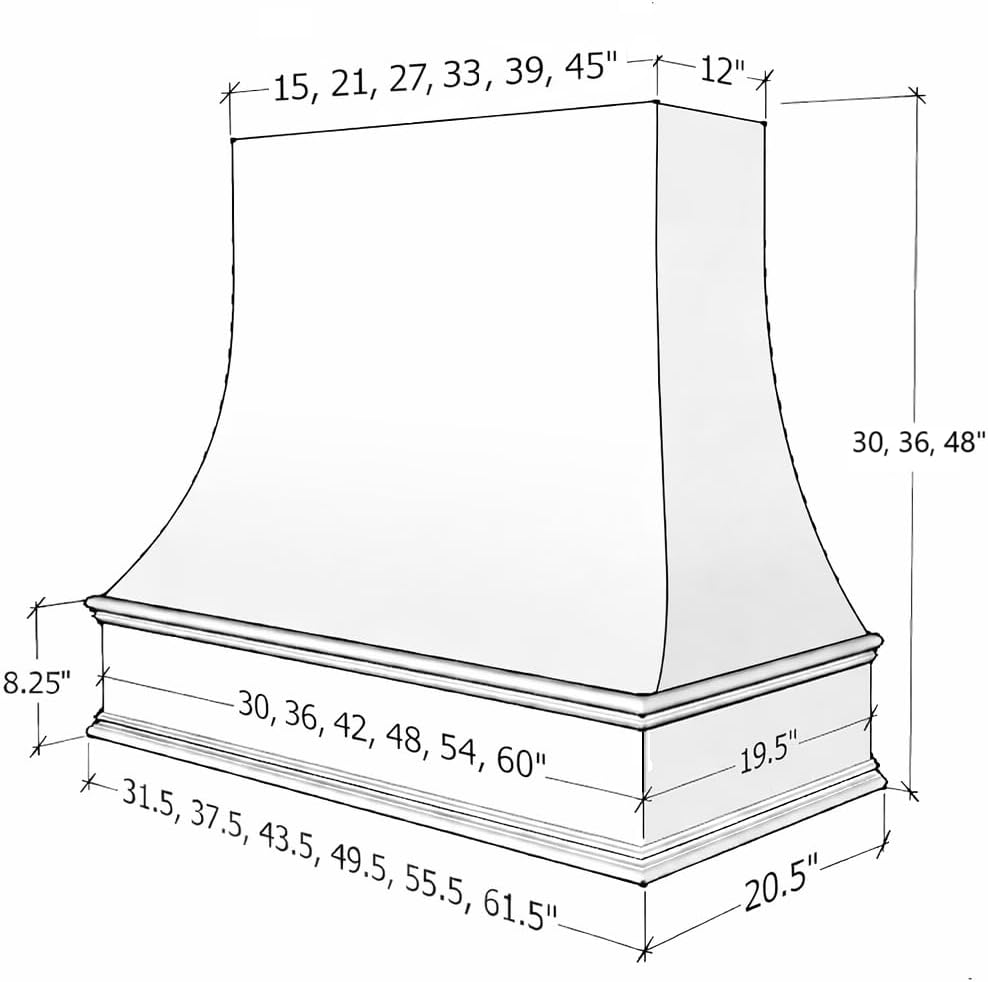 White Wood Range Hood Cover, Curved Front, 55.5"W x 30"H