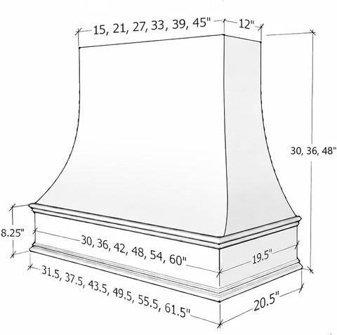 White Wood Range Hood Cover, Curved Front, 55.5"W x 30"H