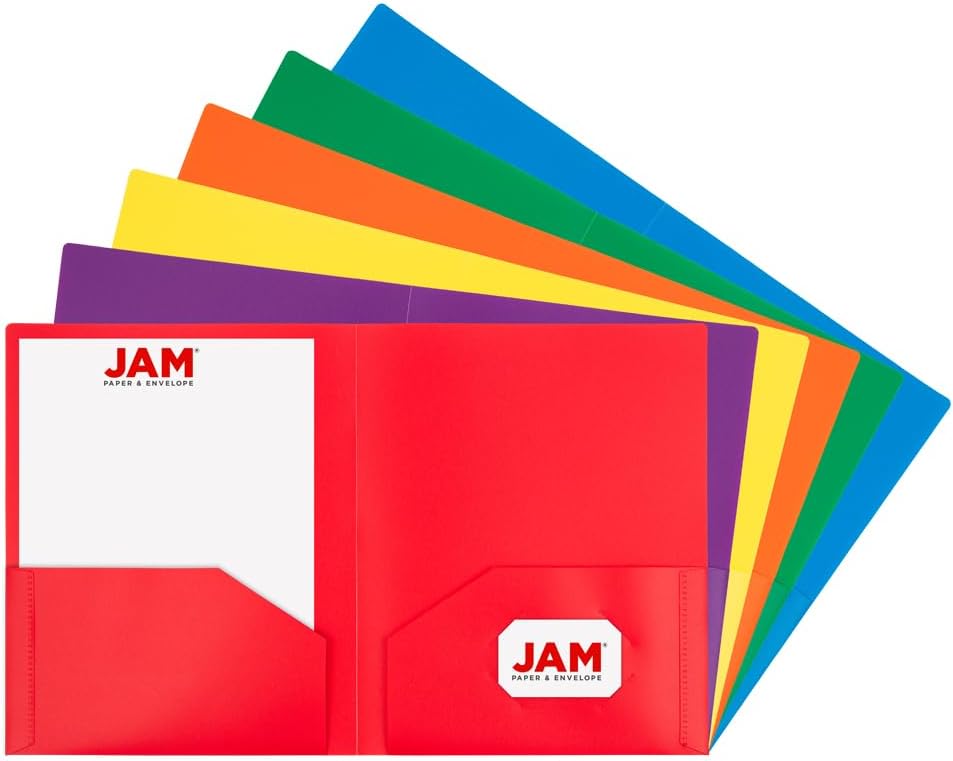 JAM PAPER Heavy Duty Plastic 2 Pocket Extra Tough School Folders - Assorted Primary Colors - 6/Pack