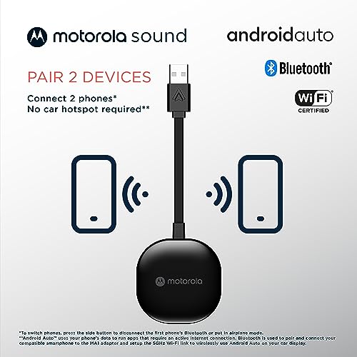 Motorola MA1 Wireless Android Auto Car Adapter - Instant Connection Using Google-Licensed Bridge Technology from Smartphone to Screen - USB Type-A Plug-in - Secure Gel Pad