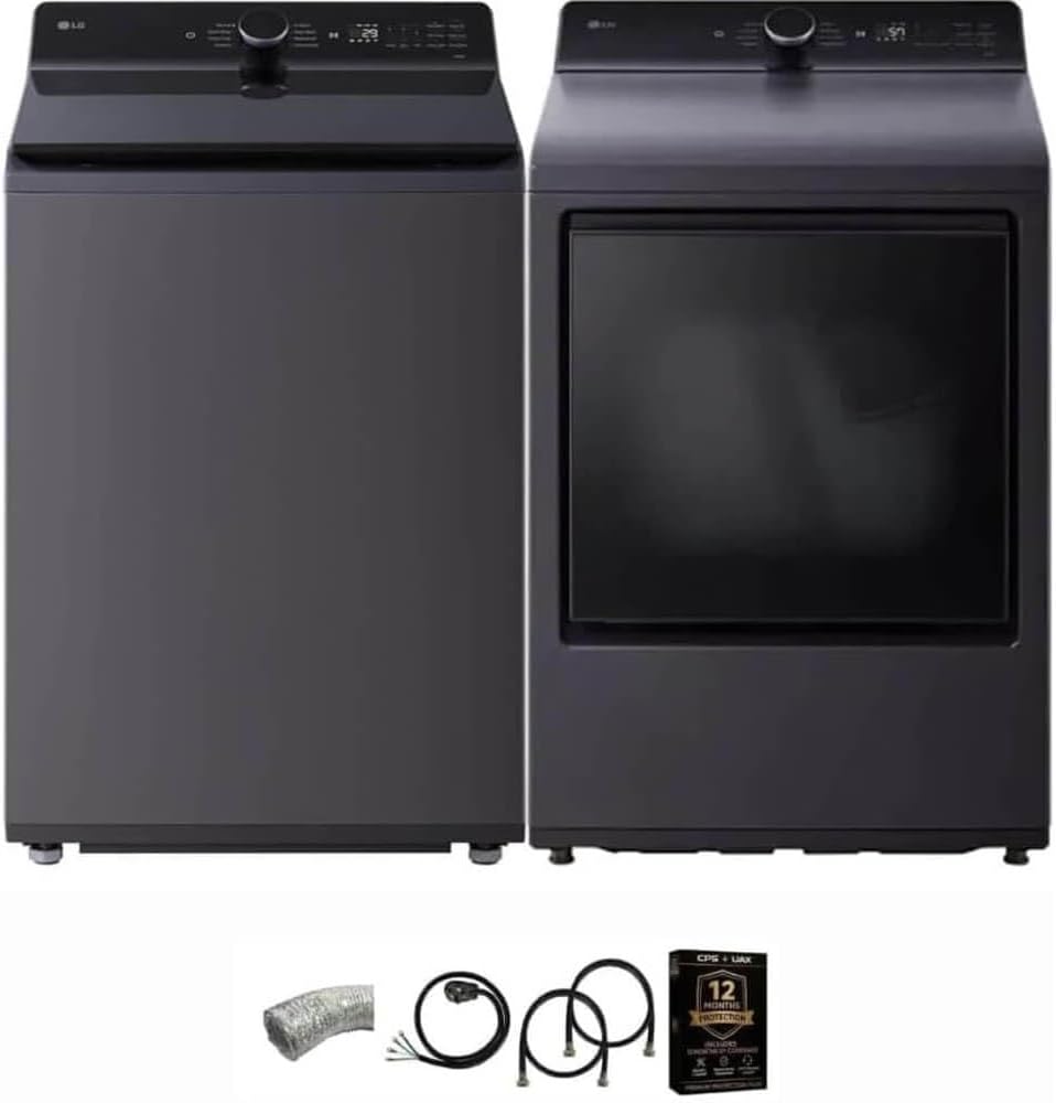 LG Matte Black Mega Capacity Top Load Washer and Dryer Pair with TurboWash Technology SmartThinQ WiFi Connectivity Steam Dry Sensor Dry Dryer Vent Power Cable and 12 Month CPS Protection Plan (Black)