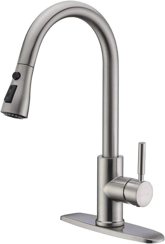 WEWE High-Arc Pull-Down Kitchen Faucet, Brushed Nickel, 3-Mode Sprayer