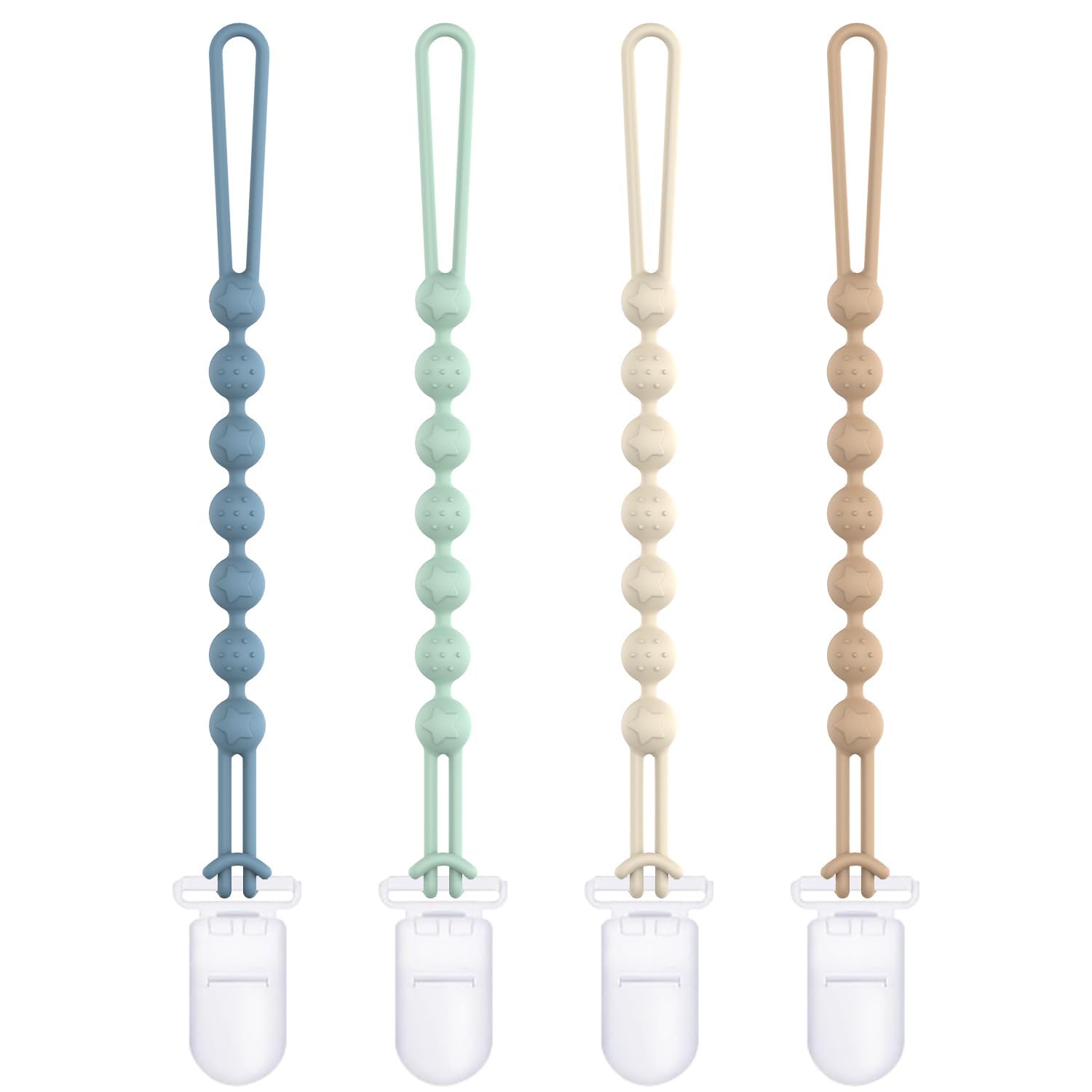 Cuddle Campus Silicone Pacifier Clip Holder with One Piece Design,Soft Flexible Binky Clips with Texture for Baby Boy and Girl Pack of 4 (0-6m)