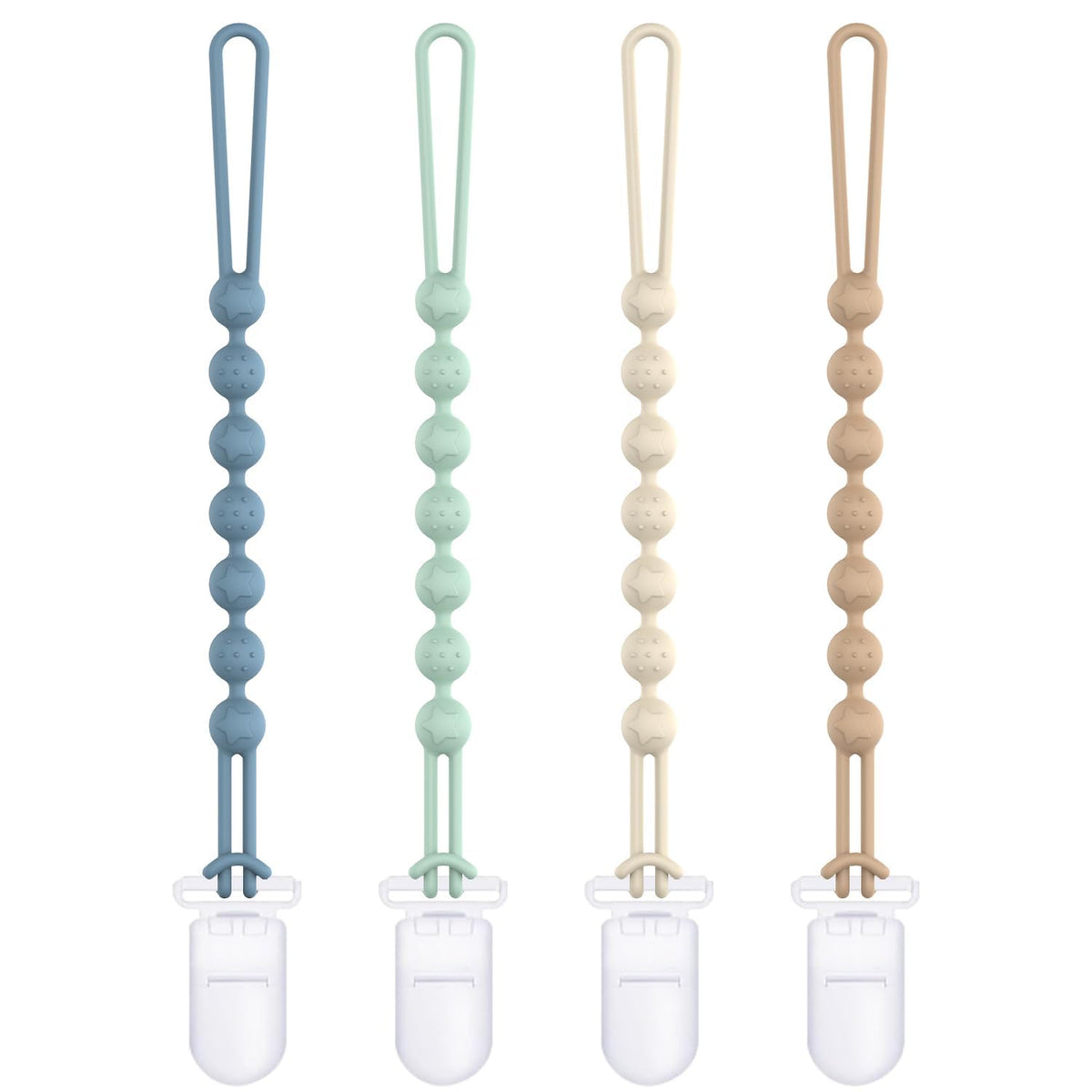 Cuddle Campus Silicone Pacifier Clip Holder with One Piece Design,Soft Flexible Binky Clips with Texture for Baby Boy and Girl Pack of 4 (0-6m)