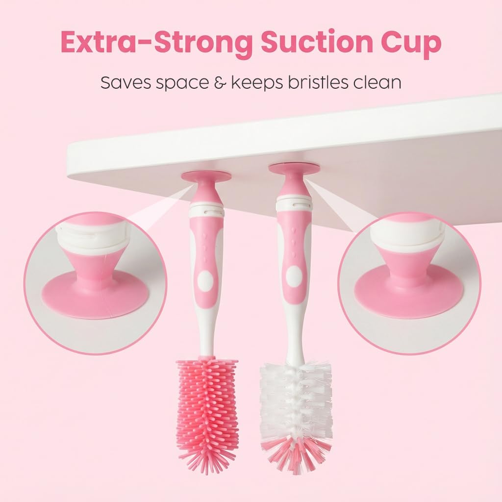 Ariseno 3-Pack 4-in-1 Baby Bottle Brush Set, Pink
