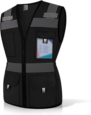 Womens Safety Vest with 11 Pockets Hi Vis Mesh Reflective Safety Vest for Women, Lady Neon Construction Work Vest with Zipper, Snug-Fit & Durable, ANSI Compliant, (U-Black, L)