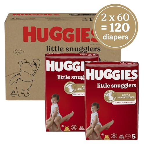 Huggies Size 5 Diapers, Little Snugglers Baby Diapers, Size 5 (27+ lbs), 120 Ct (2 packs of 60), Packaging May Vary