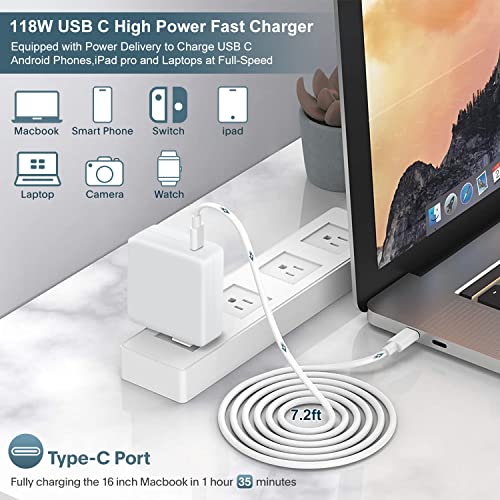 Mac Book Pro Charger - 118W USB C Charger Fast Charger Compatible with MacBook Pro/Air, iPad Pro, Samsung Galaxy, and More USB-C Devices(7.2 ft Cable Included)