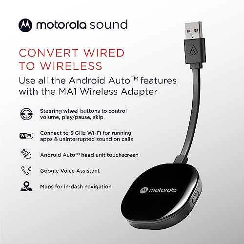 Motorola MA1 Wireless Android Auto Car Adapter - Instant Connection Using Google-Licensed Bridge Technology from Smartphone to Screen - USB Type-A Plug-in - Secure Gel Pad