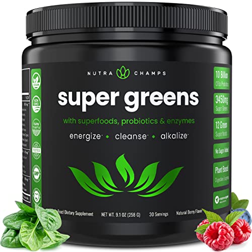 NutraChamps Super Greens Powder Premium Superfood | 20+ Organic Green Veggie Whole Foods | Wheat Grass, Spirulina, Chlorella & More | Antioxidant, Digestive Enzyme & Probiotic Blends