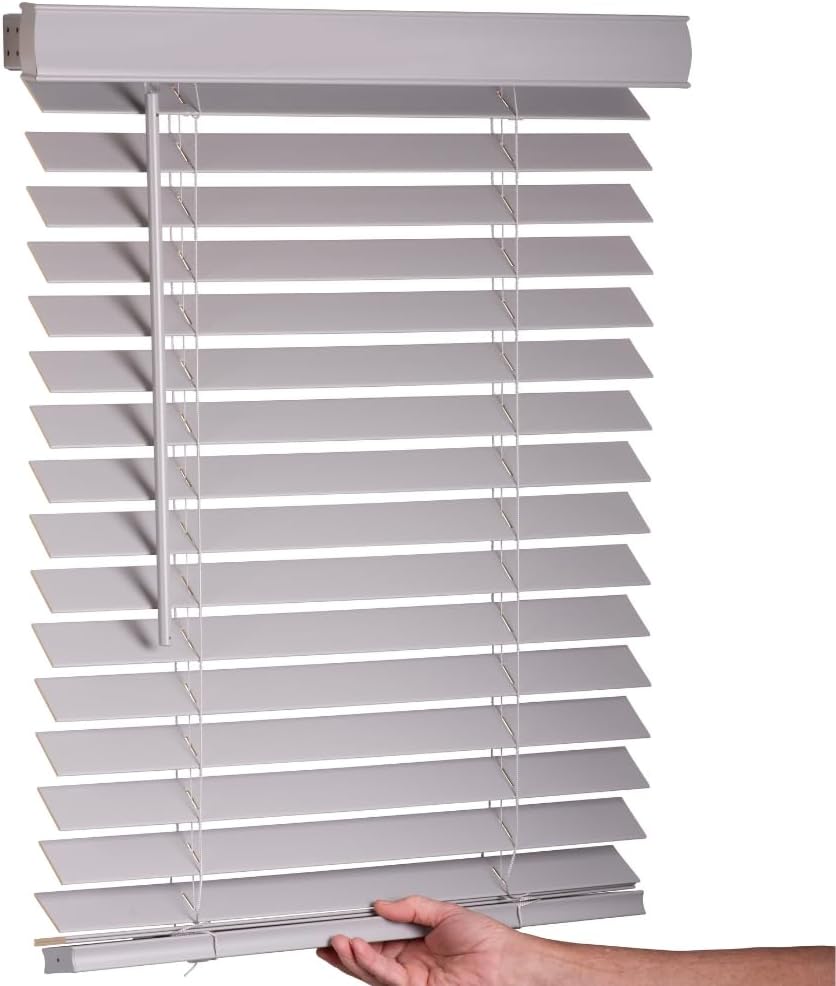 LOTUS & WINDOWARE Cordless Faux Wood Blinds, 27" Wide x 84" Long,Smooth,Light Gray, 2 Inch Horizontal Blinds – for Living Room, Bedroom, Interior Door Windows