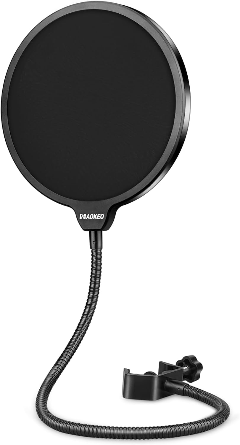 Aokeo Professional Microphone Pop Filter Mask Shield For Blue Yeti and Any Other Microphone,Mic Dual Layered Wind Pop Screen With Flexible 360° Gooseneck Clip Stabilizing Arm