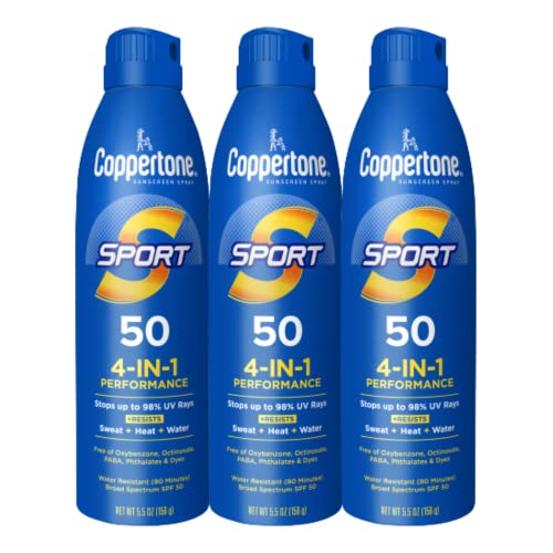 Coppertone Sport Sunscreen Spray SPF 50, Water Resistant Spray Sunscreen, Broad Spectrum SPF 50 Sunscreen, Bulk Sunscreen Pack, 5.5 Oz Bottle, Pack of 3