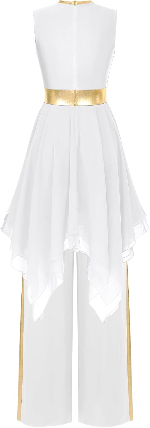 Women Praise Dance Outfit Metallic Block Asymmetric Overlay Dress + Pants Worship Liturgical Lyrical Costume