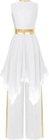 Women Praise Dance Outfit Metallic Block Asymmetric Overlay Dress + Pants Worship Liturgical Lyrical Costume