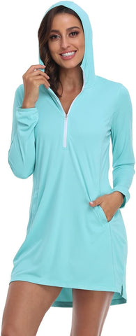 HDE Women Beach Coverup Dress UPF 50 UV Protection Long Sleeve Hooded Tunic