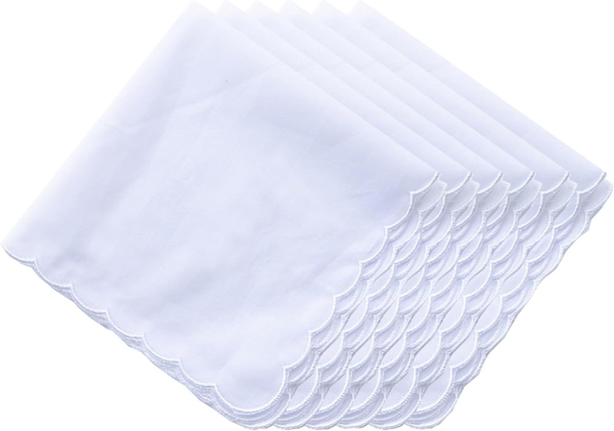 Bulk Pack Handkerchiefs Cotton Scalloped Hankies Pocket Square Towel White 11 Inches