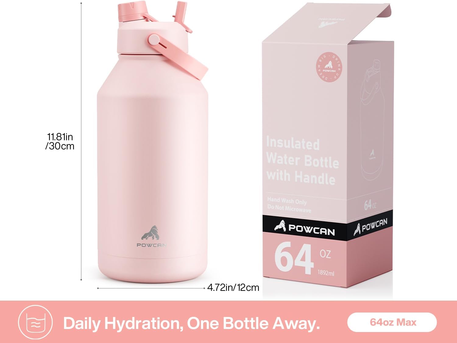 POWCAN 64 oz Insulated Water Bottle with 2-in-1 Straw and Spout Lid, Keep Cold 24H, Leak-Proof, BPA-Free, Double Wall Stainless Steel Water Bottle for Sports, Gym, Travel, and School (Cotton Candy)