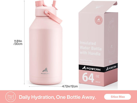 POWCAN 64 oz Insulated Water Bottle with 2-in-1 Straw and Spout Lid, Keep Cold 24H, Leak-Proof, BPA-Free, Double Wall Stainless Steel Water Bottle for Sports, Gym, Travel, and School (Cotton Candy)