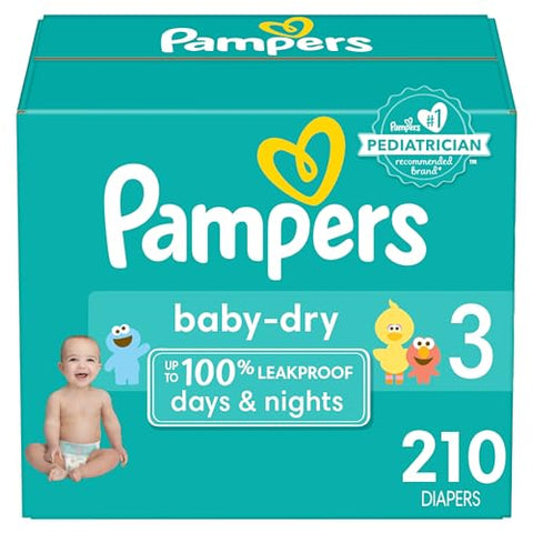 Pampers Baby Dry Diapers - Size 3, One Month Supply (210 Count), Absorbent Disposable Diapers