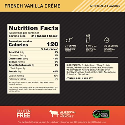 Optimum Nutrition Gold Standard 100% Whey Protein Powder, French Vanilla Creme, 5 Pound (Packaging May Vary)