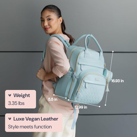 BabbleRoo Leather Diaper Bag Backpack - Baby Essentials Travel Baby Bag, Multi function, Water Resistant, with Changing Pad, Stroller Straps & Pacifier Case – Unisex, Powder Blue